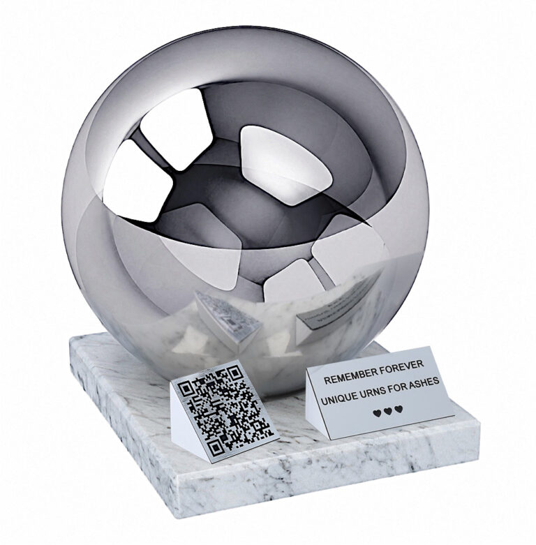 Companion urn with QR code featuring a polished sphere, marble base, memorial plaque and QR code plaque.