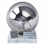 Front view of a companion urn with QR code, polished sphere, marble base and personalised memorial plaque.