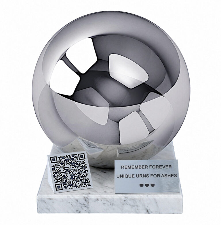 Front view of a companion urn with QR code, polished sphere, marble base and personalised memorial plaque.