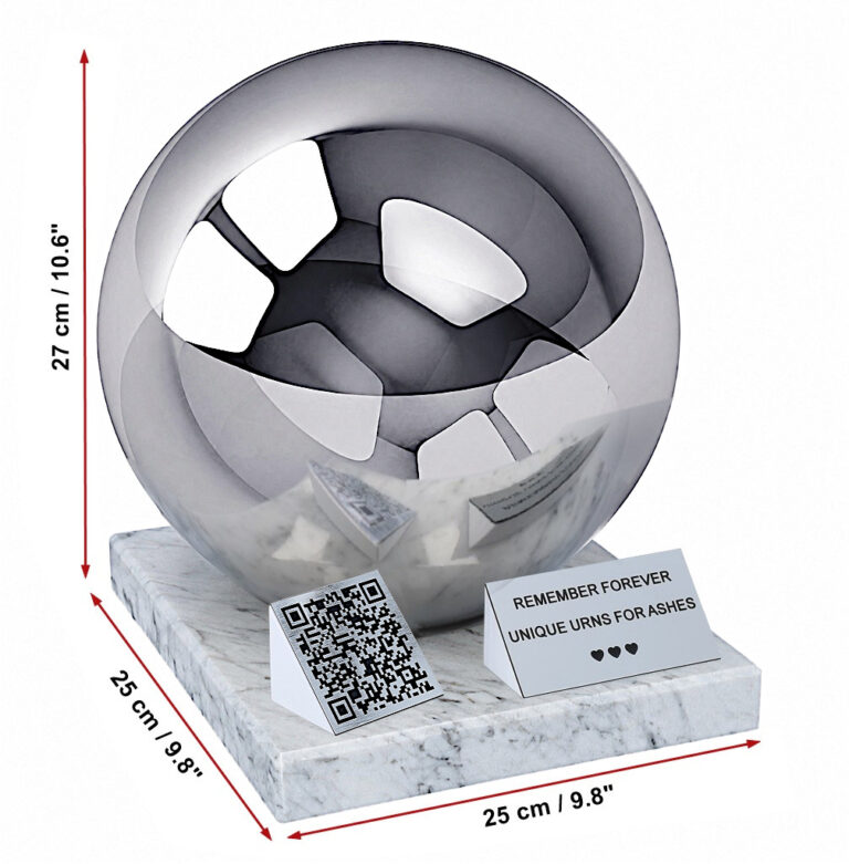 Companion urn with QR code size guide showing a height of 27 cm and a marble base measuring 25 by 25 cm.