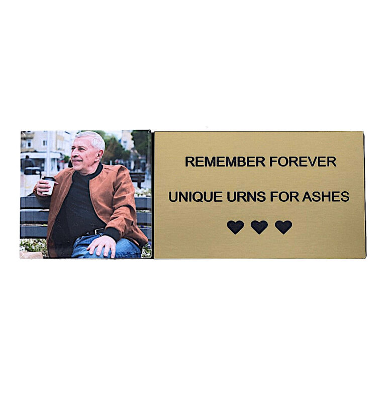 Gold memorial plaque with personalized photo for an urn