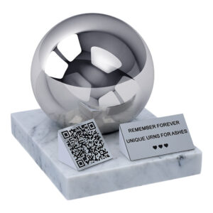 Pet urn with QR code featuring a polished sphere, white marble base, memorial plaque and QR code plaque.