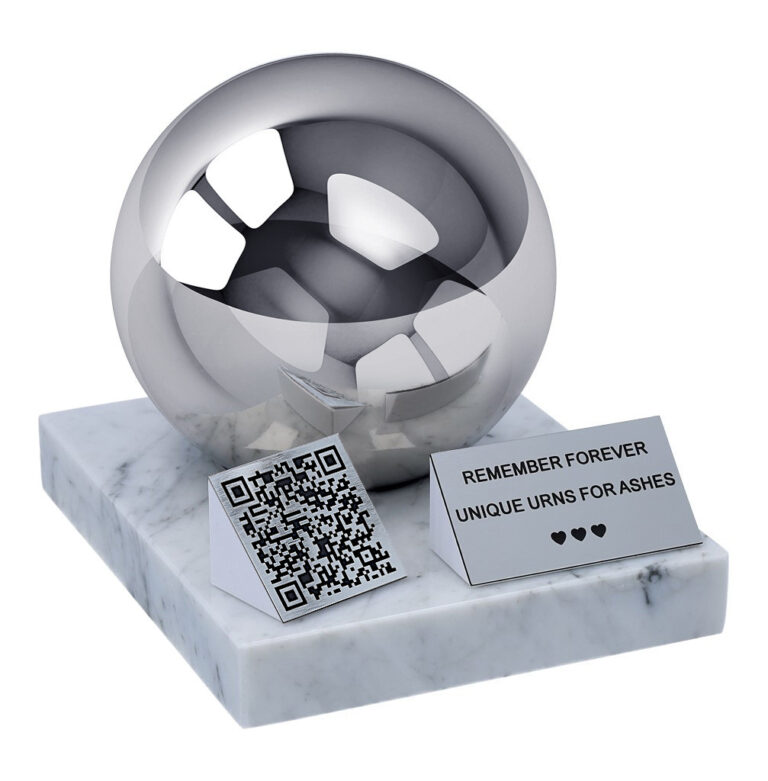 Pet urn with QR code featuring a polished sphere, white marble base, memorial plaque and QR code plaque.