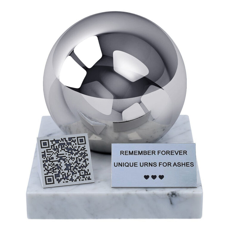 Front view of a pet urn with QR code, polished sphere, marble base and personalised memorial plaque.