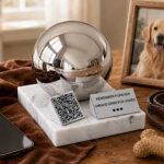 Pet memorial urn with QR code displayed beside a framed dog photograph, collar, toy and smartphone.
